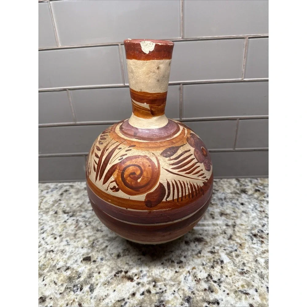 Vintage Tonala Mexican Vase  Jug Water Pitcher Vessel 13 Inches Hand Painted - Picture 3 of 8